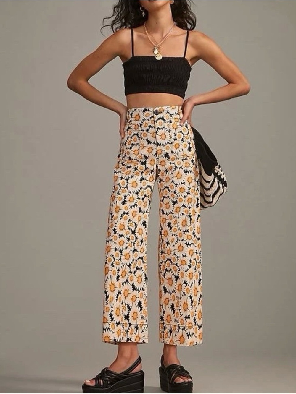 Maeve by Anthropologie The Colette Daisy Wide Leg Cropped Pants Pockets 26P